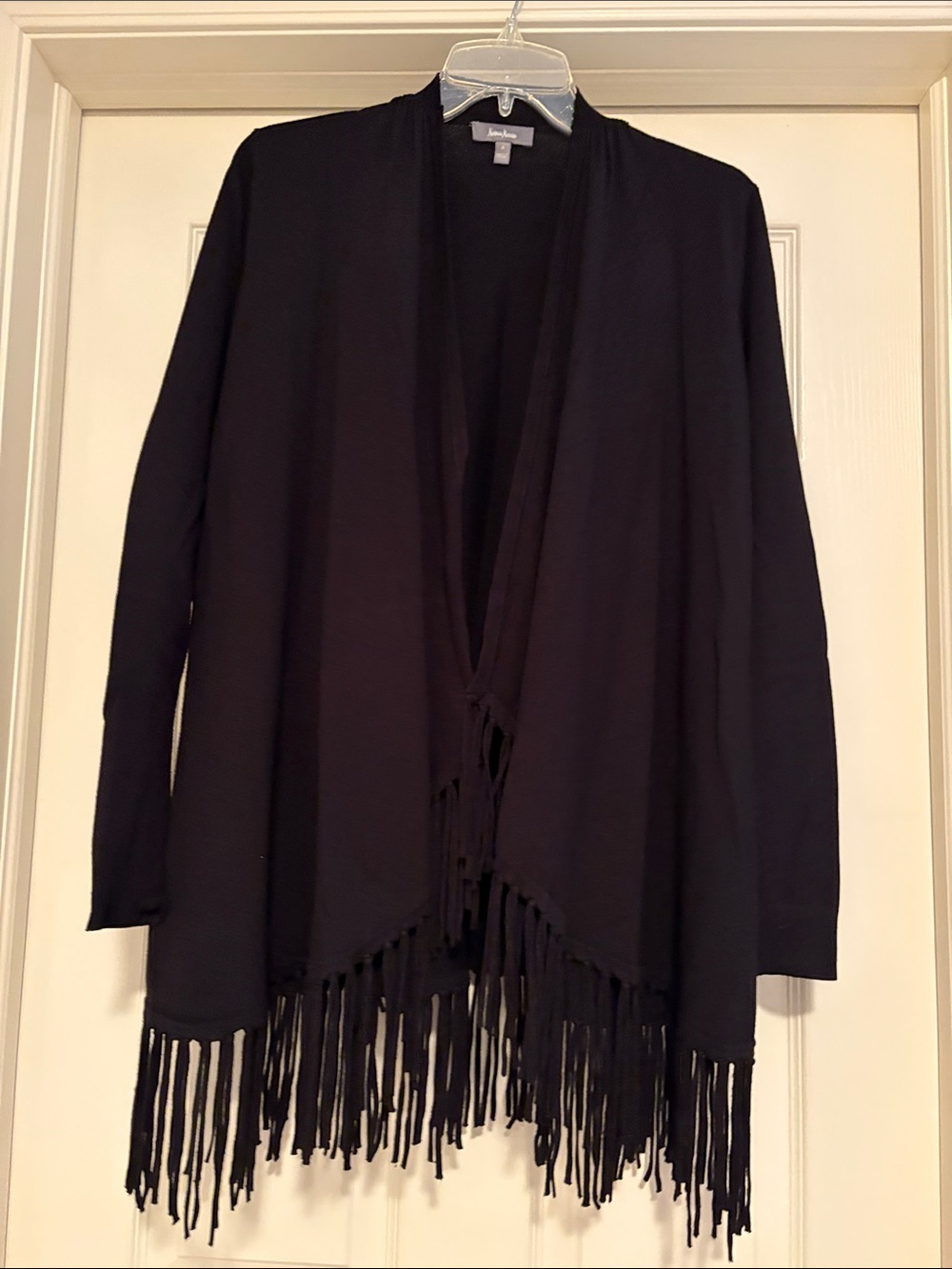 Neiman Marcus Black Open-Front Fringe Cardigan